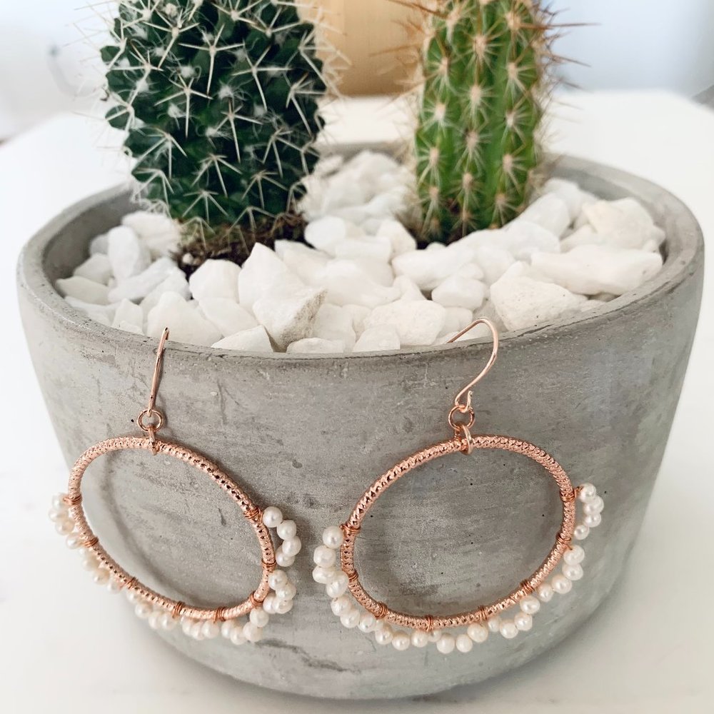 Rose Gold Dangling Hoops with Semi Precious Pearls